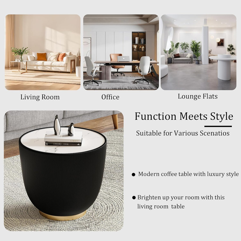 Round Coffee Table Set with Sintered Stone Tabletop, 27.56' White Drum Center Table and 19.69' Black Coffee Table Set, 2 Pieces Living Room Table Set with Fluted PU Leather Cover& Metal Base