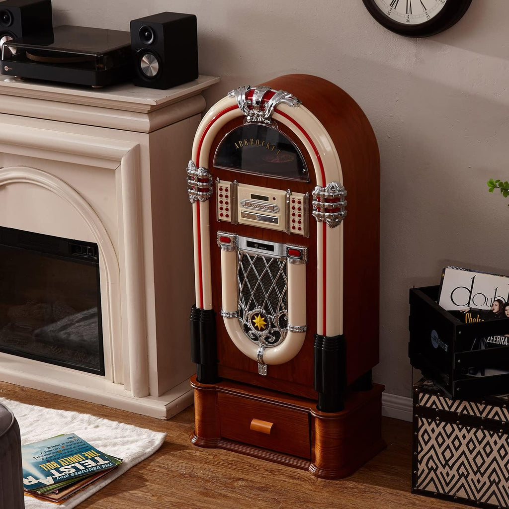 Arkrocket Full Size Jukebox Vinyl Record Player Bluetooth USB SD CD Player Radio Retro Turntable Classic Jukebox (Taurus + Stand - Classic)
