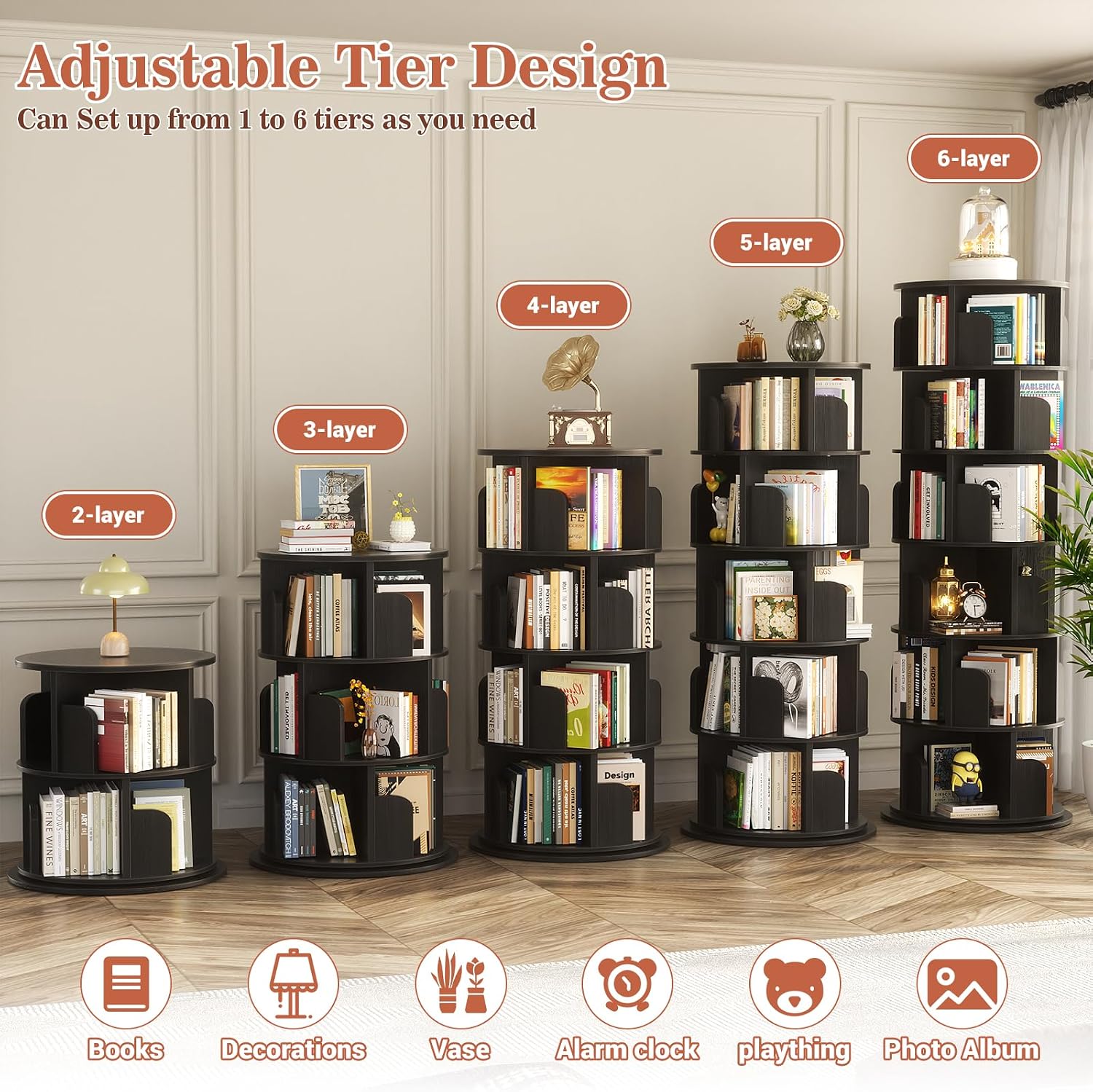Aheaplus 6 Tier Rotating Bookshelf, Wood Spinning Bookshelf Tower, Round Revolving 360 Bookcase, Narrow Turning Book Shelf Rolling Corner Organizer for Small Space, Bedroom, Office, Black