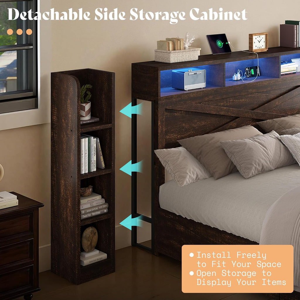 AMERLIFE 45'' Farmhouse Queen Bed Frame with 4 Drawers, LED Bed Frame with Bookcase Headboard & Side Shelves, Wood Platform Bed with Charging Station, Walnut