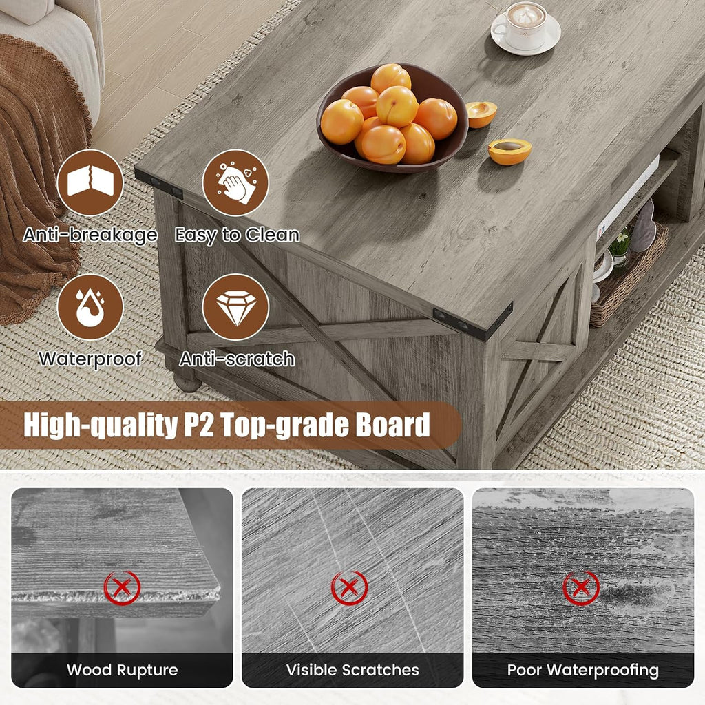 ALLSTAND 48' Farmhouse Lift Top Coffee Table with Storage Sliding Barn Door & Large Hidden Compartment, Coffee Table with Lifting Top with Wooden Lift Tabletop, Coffee Tables for Living Room, Grey