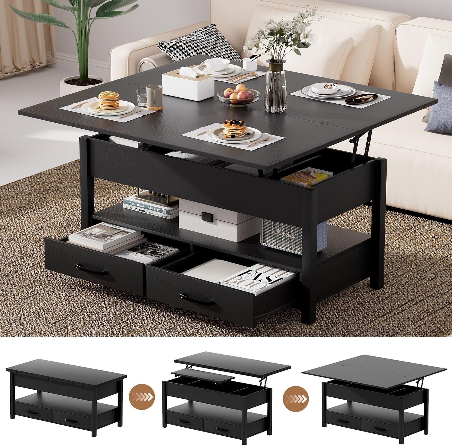 SYESWAY 42'' Lift Top Coffee Table, 4-in-1 Multifunctional Lift Coffee Table with Storage & Hidden Compartments, Farmhouse Coffe Table with Lifting top for Living Room, Dining Reception Room, Black