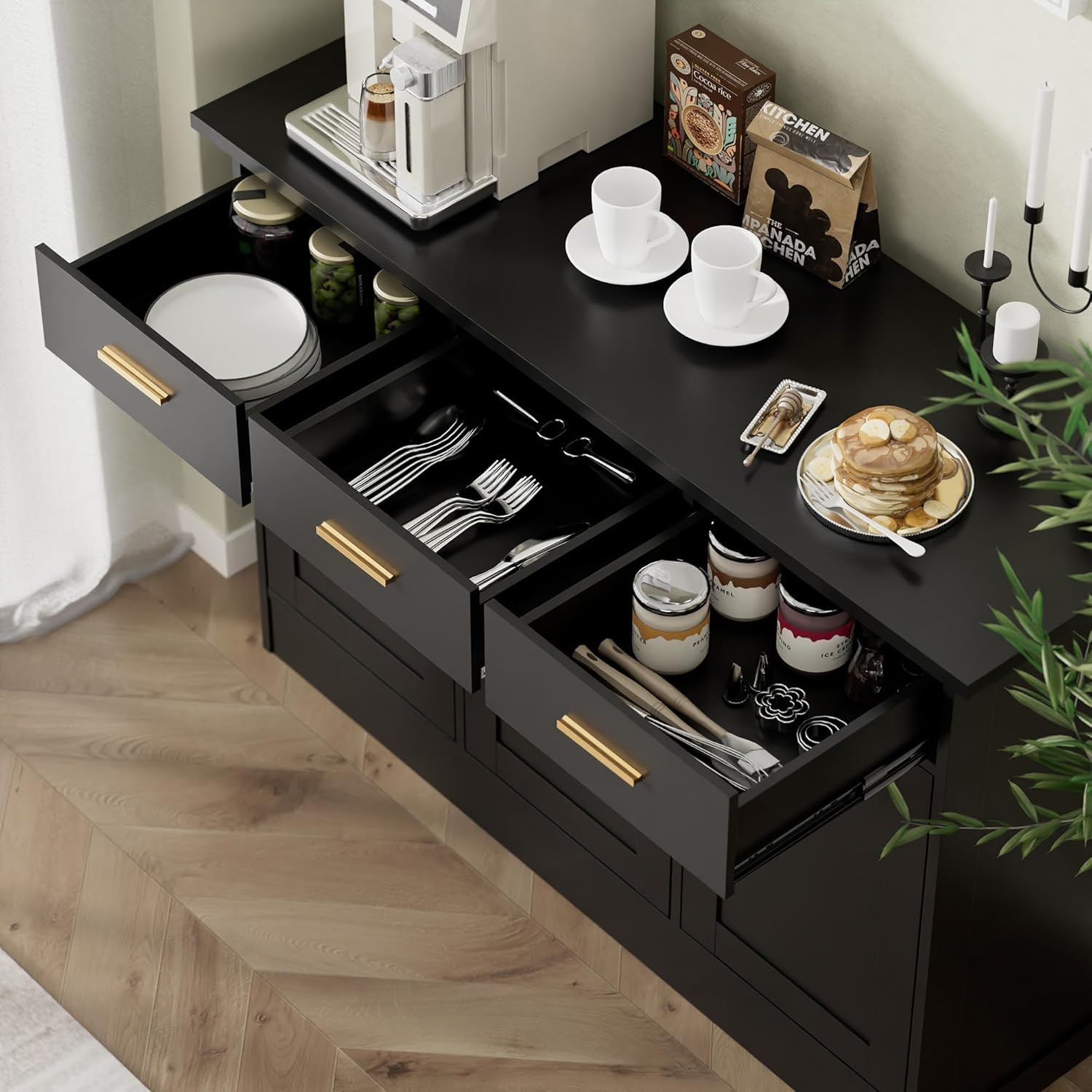 Buffet Cabinet with Storage - Buffets & Sideboards Kitchen Storage Cabinet, Wood Console Table Coffee Bar Accent Cabinets for Living Room Dining Room Entryway Large 3 Doors & Drawers, Black 47.2'W