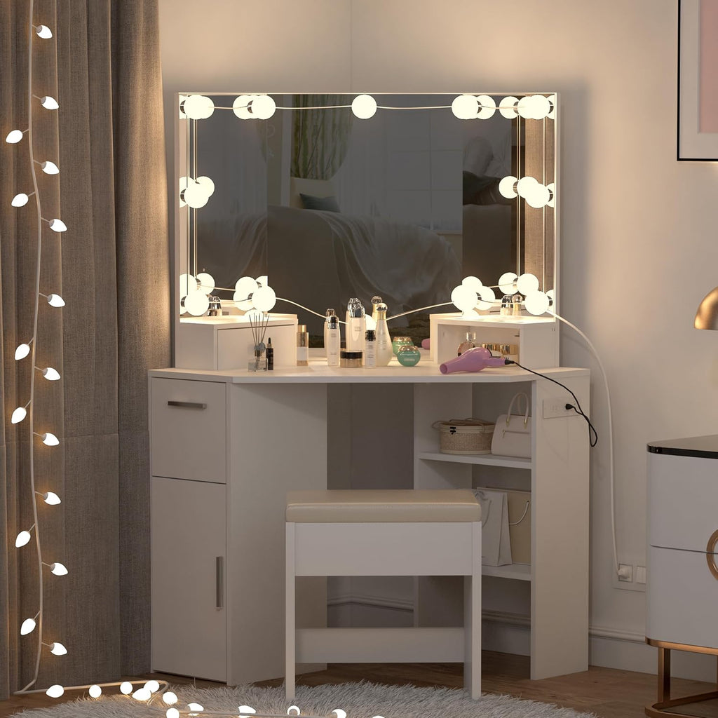 Corner Vanity Desk with Mirror & Lights, Makeup Table Set with Lighted Mirror, 3 Adjustable Lighting Colors, Cushioned Stool, 5 Drawers & Shelves, Bedroom Dressing Table for Women, Black
