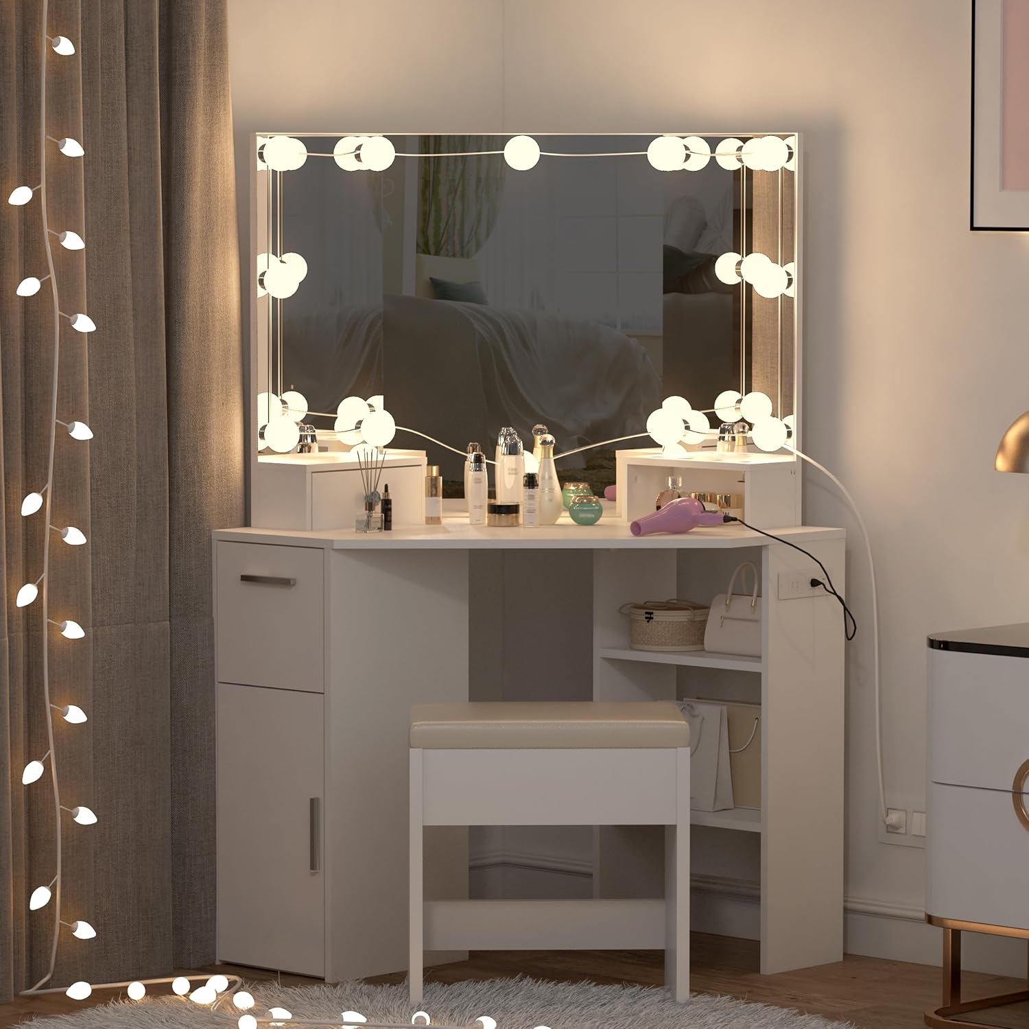Corner Vanity Desk with Mirror & Lights, Makeup Table Set with Lighted Mirror, 3 Adjustable Lighting Colors, Cushioned Stool, 5 Drawers & Shelves, Bedroom Dressing Table for Women, Black