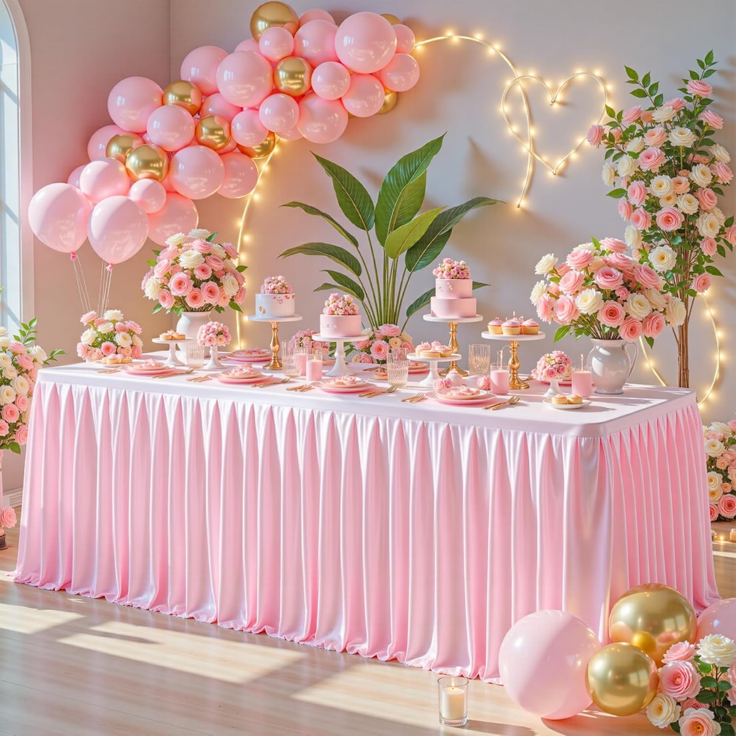 4 Pack 6FT Pink Satin Tablecloths for Rectangle Tables - Shiny Spandex Party Table Cover with Pleated Table Skirt, No-Wrinkle & Glossy Wedding Tablecloth One-Piece for Birthday Baby Shower Ceremony