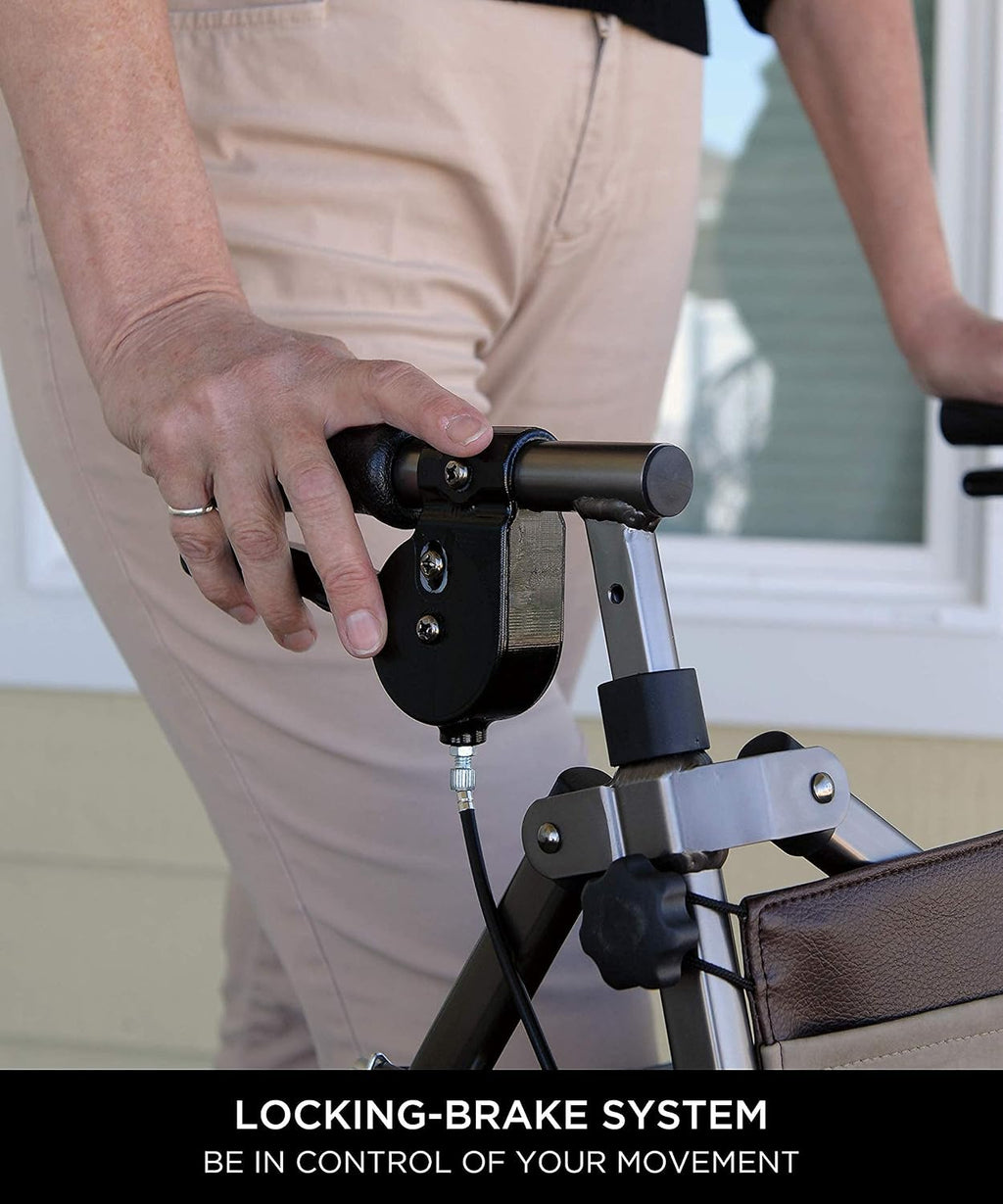 Signature Life Elite Travel Rollator, Lightweight Folding Mobility Aid for Adults, Seniors, and Elderly, 4-Wheel Rolling Walker with Seat, Height Adjustable Handles with Locking Brakes and Pouch