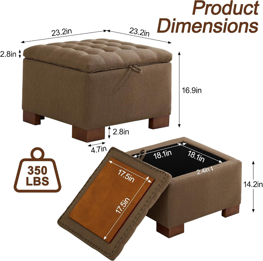 WUTUTUEE 24' Fabric Square Storage Ottoman with Wooden Tray, Modern Tufted Button Footstool Coffee Table, Upholstered Small Ottoman for Living Room, Bedroom, Brown