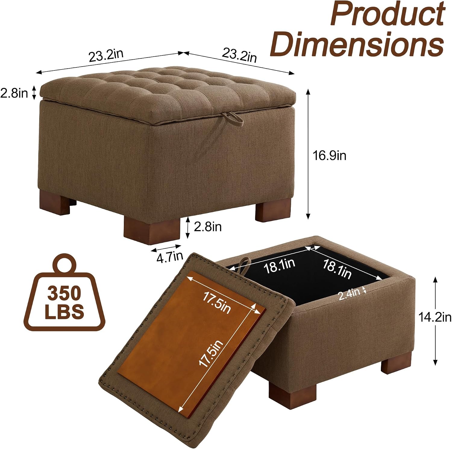 WUTUTUEE 24' Fabric Square Storage Ottoman with Wooden Tray, Modern Tufted Button Footstool Coffee Table, Upholstered Small Ottoman for Living Room, Bedroom, Brown