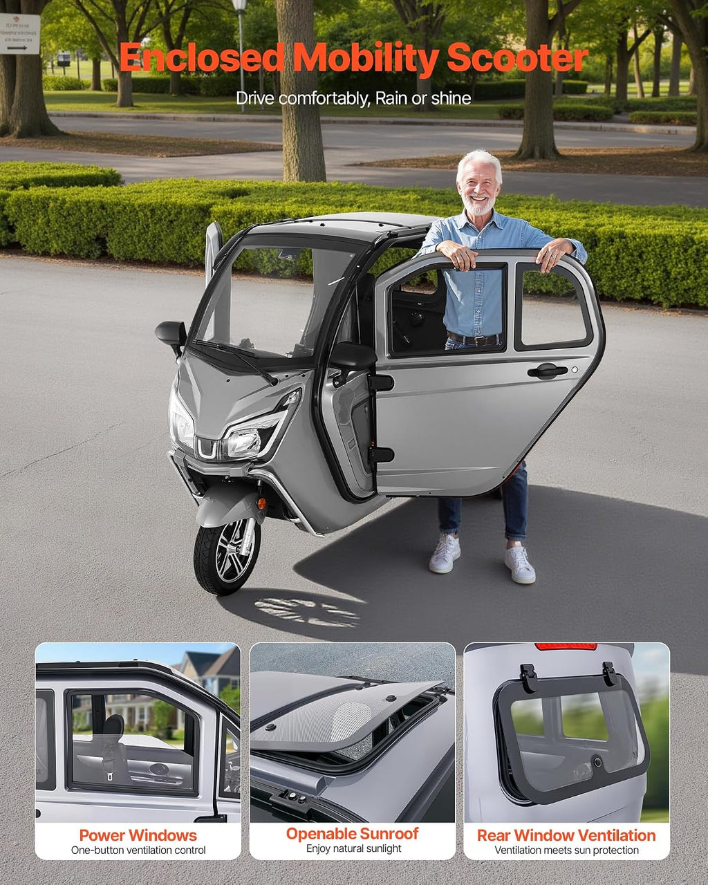VEVOR 3-Wheel Enclosed Mobility Scooter for Seniors Adults, 650lbs Capacity, 3-Seater 1500W Electric Recreational Mobility Scooter 37 Miles Long Range, Remote Unlock, All-Terrain for Shopping Touring