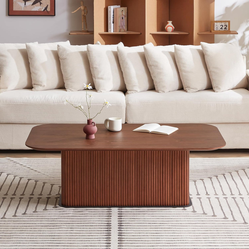 Coffee Table, Modern Wooden Coffee Table Rectangle Center Table with Solid Wood Veneered, Walnut