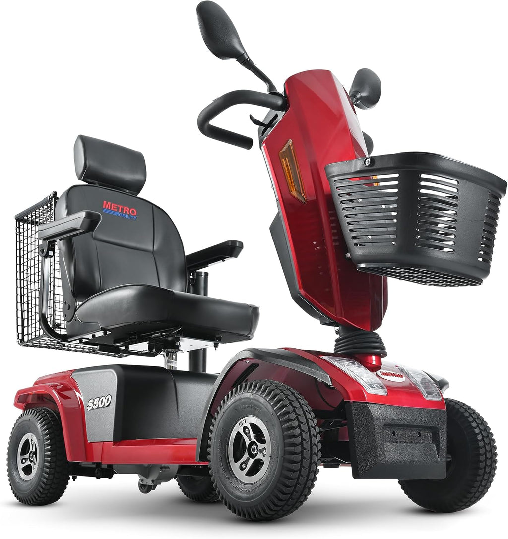 S500 4-Wheel Electric Mobility Scooter, Long-Range 52Ah Battery Up to 25 Miles, 500W Heavy-Duty Motor, 10' Pneumatic Tires, Adjustable Captain Seat, Storage Baskets for Seniors, Red