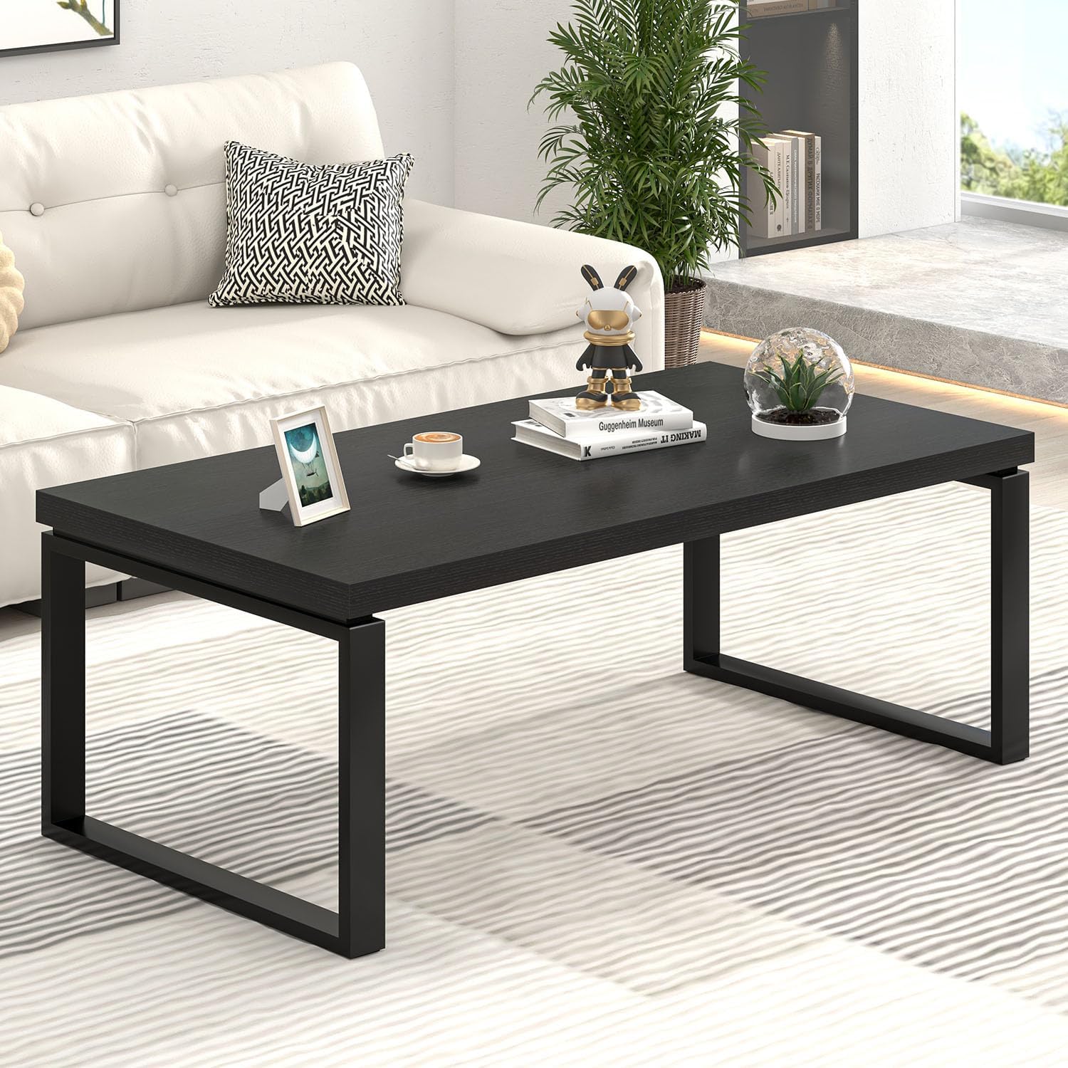 EXCEFUR Black Coffee Table, Modern Rustic Center Table for Living Room, Industrial Rectangle Cocktail Tea Table for Home Office, 47 Inch