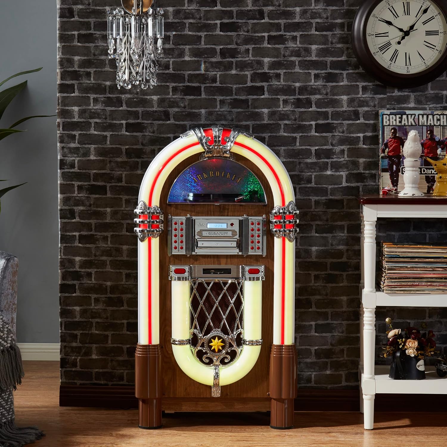 Arkrocket Full Size Jukebox Vinyl Record Player Bluetooth USB SD CD Player Radio Retro Turntable Classic Jukebox (Taurus II - Oak)