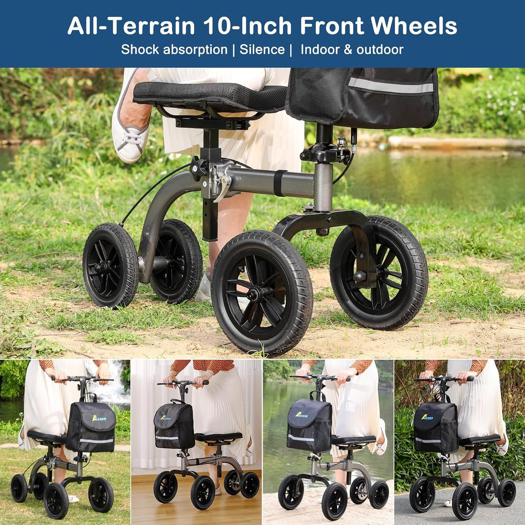 Foldable All Terrain Knee Scooter for Adults Foot Surgery Adjustable Height | 300lb Capacity, 21lb Lightweight, 10' Front & 8' Rear Wheel, Dual Brake, for Foot Injuries Compact Crutch Alternative, Grey