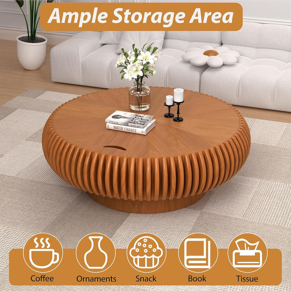 Drum Coffee Table with Hidden Storage, Modern Round Coffee Table for Living Room Circle Center Table with Solid Wood Fluted Veneered, Accent Tea Table for Small Space Apartment (Brown 39.37 inch)