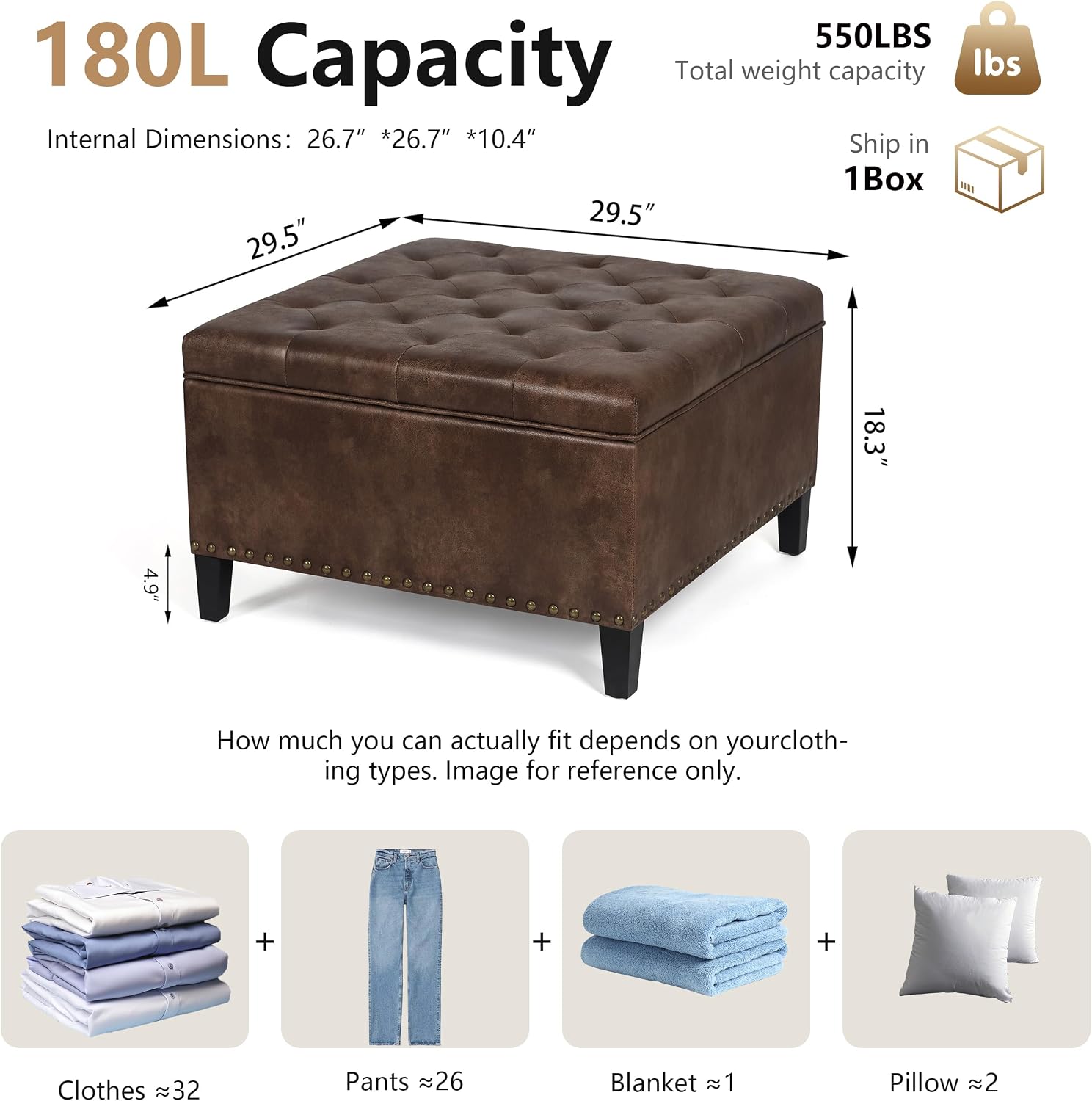 Homebeez Faux Leather Storage Ottoman Bench, Square Coffee Table Footstool Footrest with Wood Legs for Living Room (Distressed Brown)