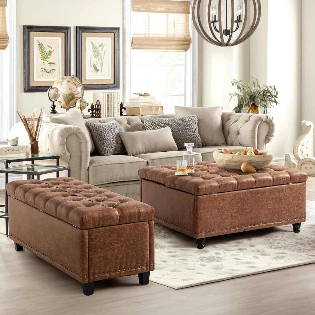 Grepatio 35.5' Large Square Storage Ottoman, Lift Top Ottoman Square Bench with Storage, Tufted Upholstered Ottomans, Ottomans Coffee Tables for Living Room, Bedroom (Brown)