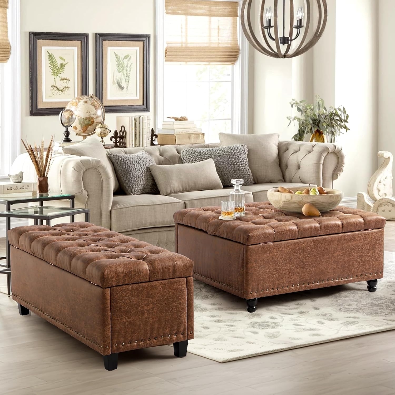 Grepatio 35.5' Large Square Storage Ottoman, Lift Top Ottoman Square Bench with Storage, Tufted Upholstered Ottomans, Ottomans Coffee Tables for Living Room, Bedroom (Brown)