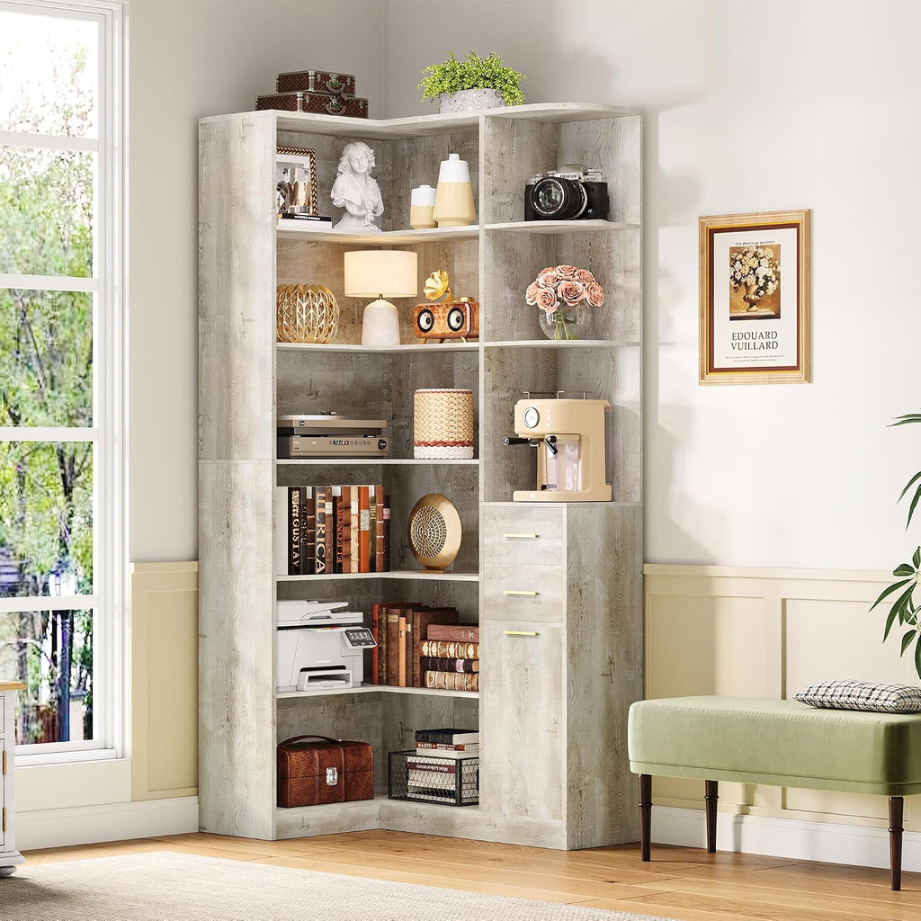 IRONCK Corner Bookshelf, 76' Tall Corner Bookshelves, 6 Tiers L-Shaped Bookcase with 10 Open Shelves and 2 Storage Drawers for Living Room or Home Office