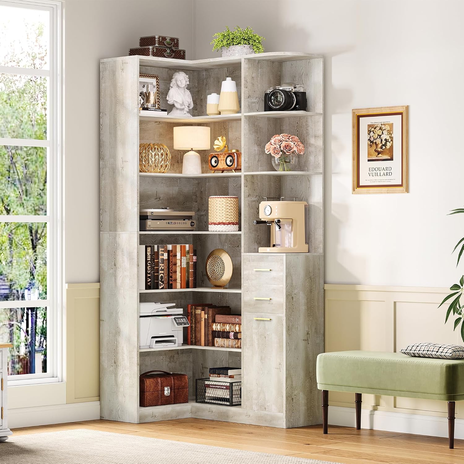 IRONCK Corner Bookshelf, 76' Tall Corner Bookshelves, 6 Tiers L-Shaped Bookcase with 10 Open Shelves and 2 Storage Drawers for Living Room or Home Office