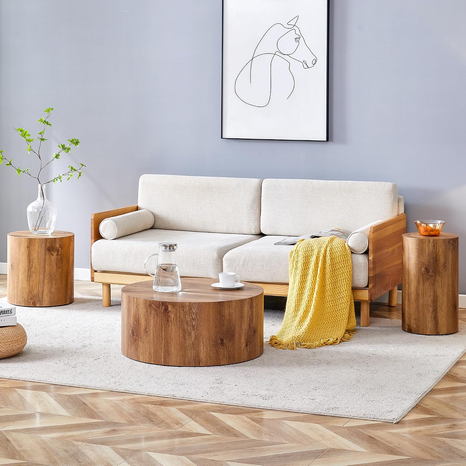 WILLIAMSPACE Round Coffee Table Set of 3 for Living Room, 3 Piece Modern Drum Circle Wood Side Tables, End Table for Apartment, Office, 27.5' + 15.7' + 12' (Wood Color)