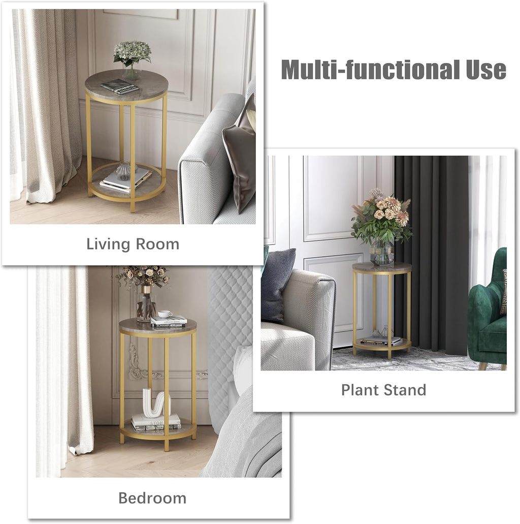 WiberWi Round Side Table Set of 2, Modern Nightstand End Table with Gold Metal Frame &Faux Marble Top, Accent Bedside Table for Living Room Bedroom Small Spaces with Storage Open Shelf, Grey