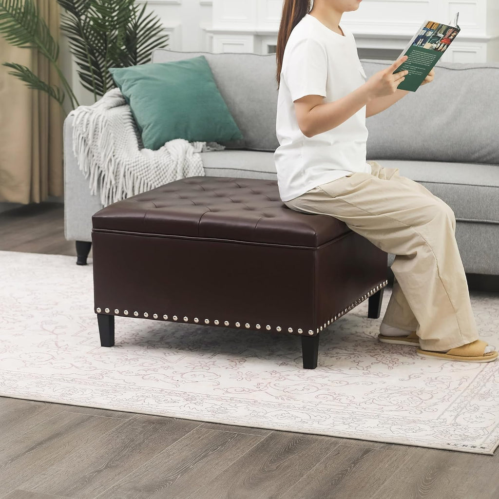 Joveco Storage Ottoman Square Leather Bench, Tufted Large Coffee Table with Wood Legs for Living Room Bedroom Entryway (Dark Brown)