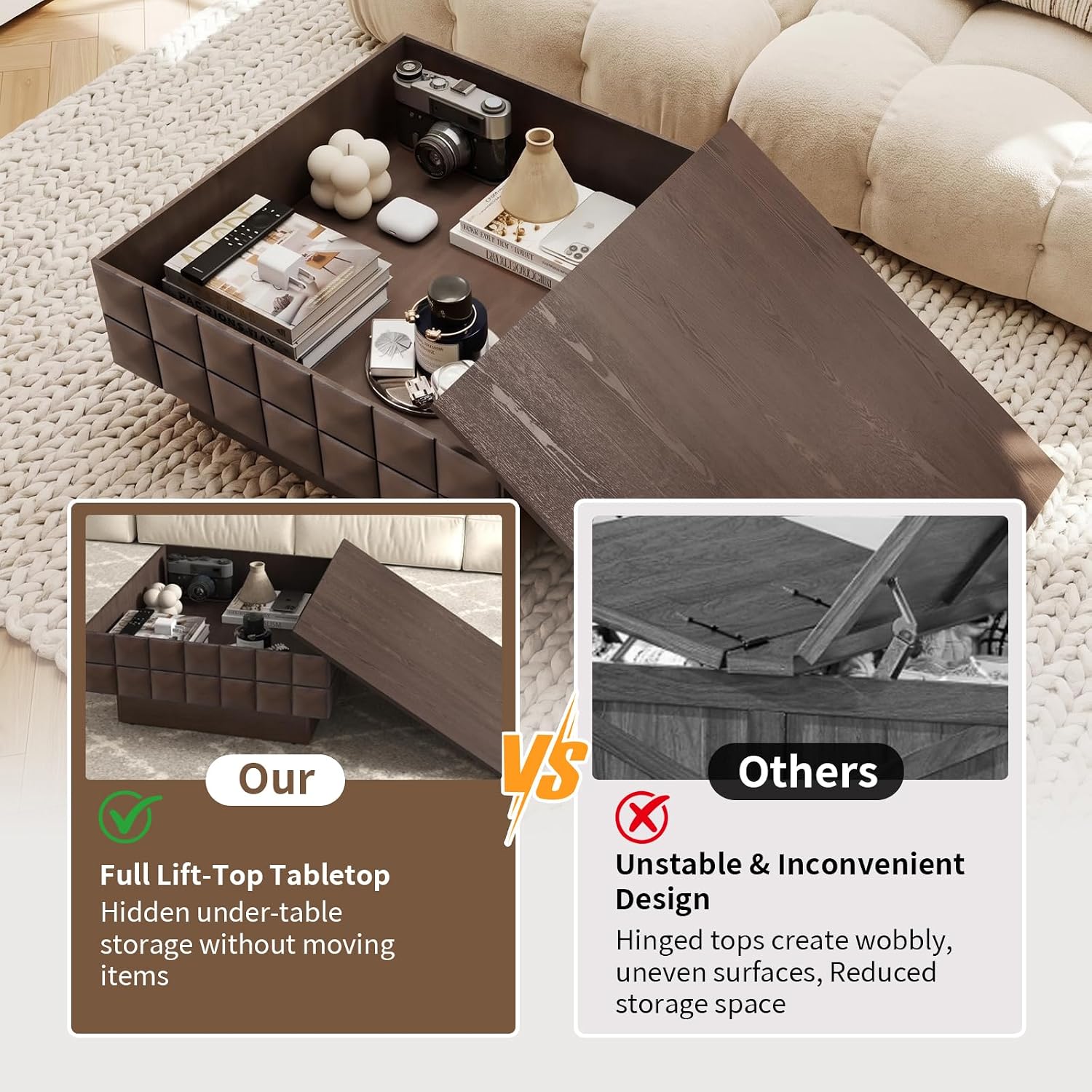 LKTART 31.89' Square Coffee Table with Hidden Storage, Mid-Century Modern Center Table with 3D Sculpted Texture, Lift-Off Flip Top Coffee Tables for Living Room Blankets & Pillows, Real Wood Veneer