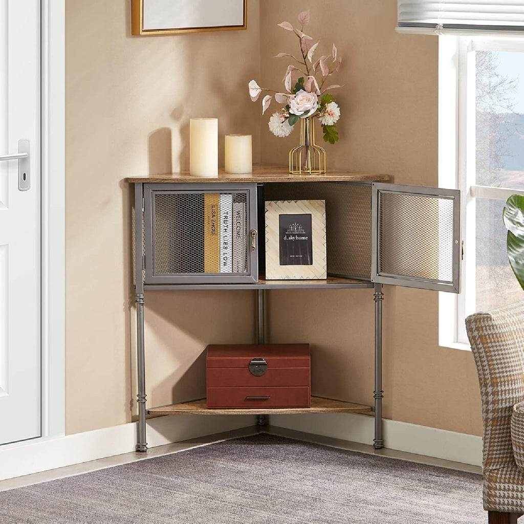 VECELO 3-Tier Corner Shelf with Storage Cabinet, 29' Tall Multiple Purpose Free Standing Shelves Organizer for Small Spaces, Living Room, Bedroom, Kitchen, Balcony, Set of 2, Grey