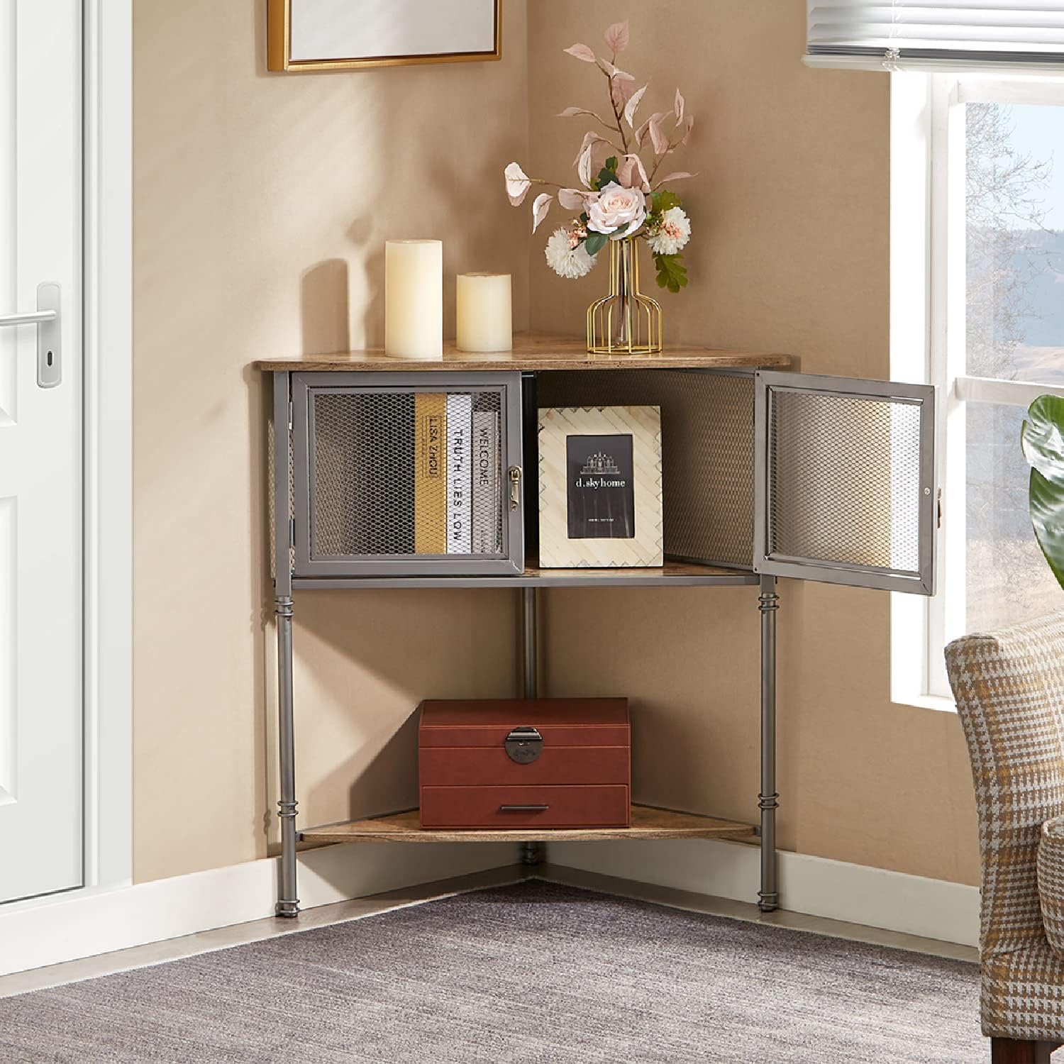 VECELO 3-Tier Corner Shelf with Storage Cabinet, 29' Tall Multiple Purpose Free Standing Shelves Organizer for Small Spaces, Living Room, Bedroom, Kitchen, Balcony, Set of 2, Grey