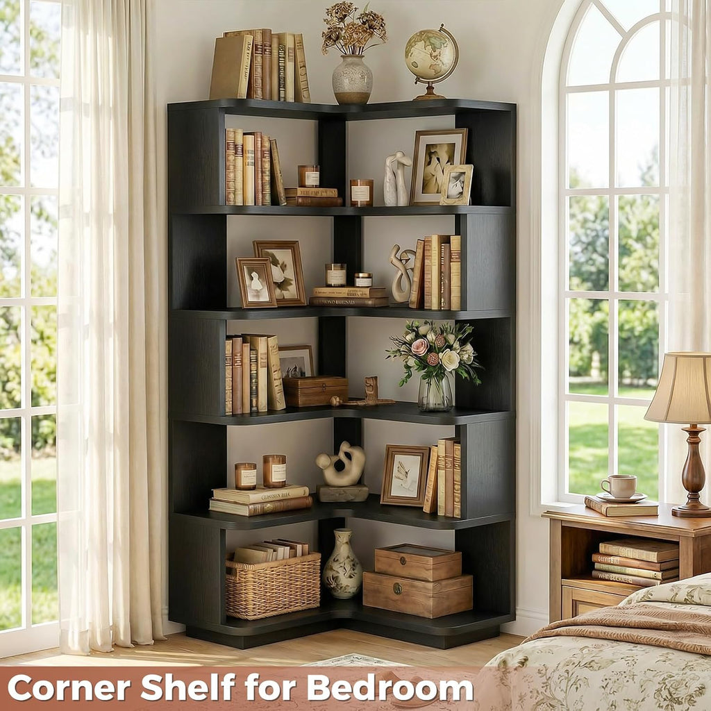 Besiost Corner Book Shelf, 6-Shelf Corner Bookshelf for Small Corner Spaces, L-Shape Bookcase Corner Display Shelf for Home Office, Living Room, Bedroom, Black