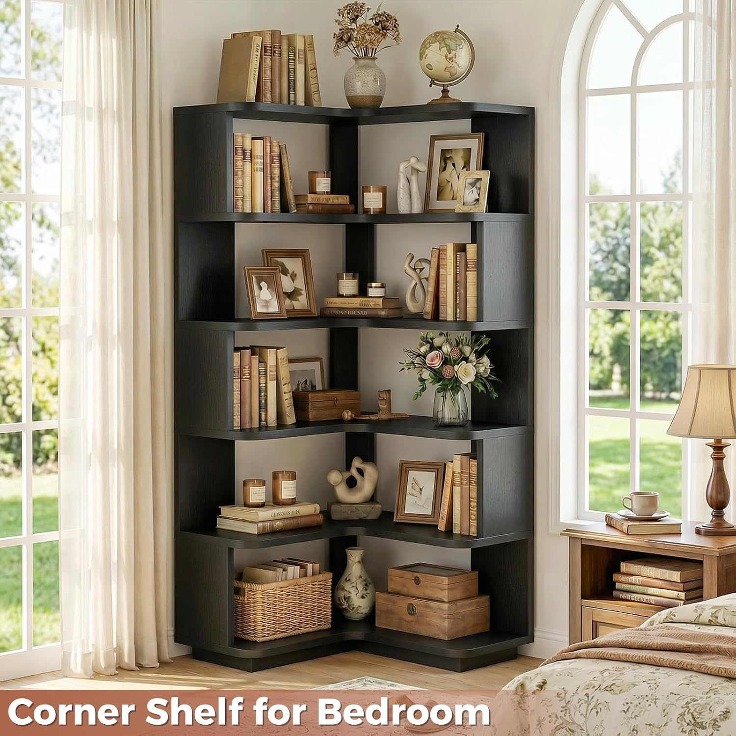 Besiost Corner Book Shelf, 6-Shelf Corner Bookshelf for Small Corner Spaces, L-Shape Bookcase Corner Display Shelf for Home Office, Living Room, Bedroom, Black