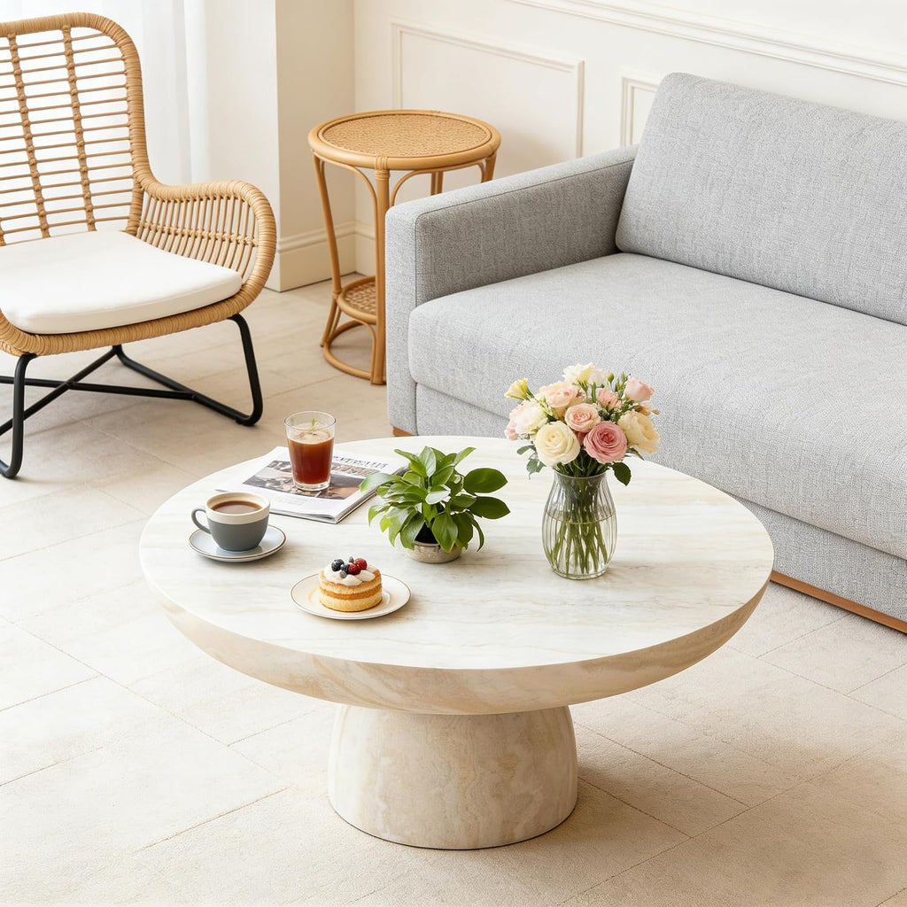 31.5' Modern Faux Marble Coffee Table, Round Stone Coffee Table with Cylindrical Leg, Fiberglass Drum Circle Center Table, Sofa Side End Tables for Living Room Apartment Home Cocktail Tea