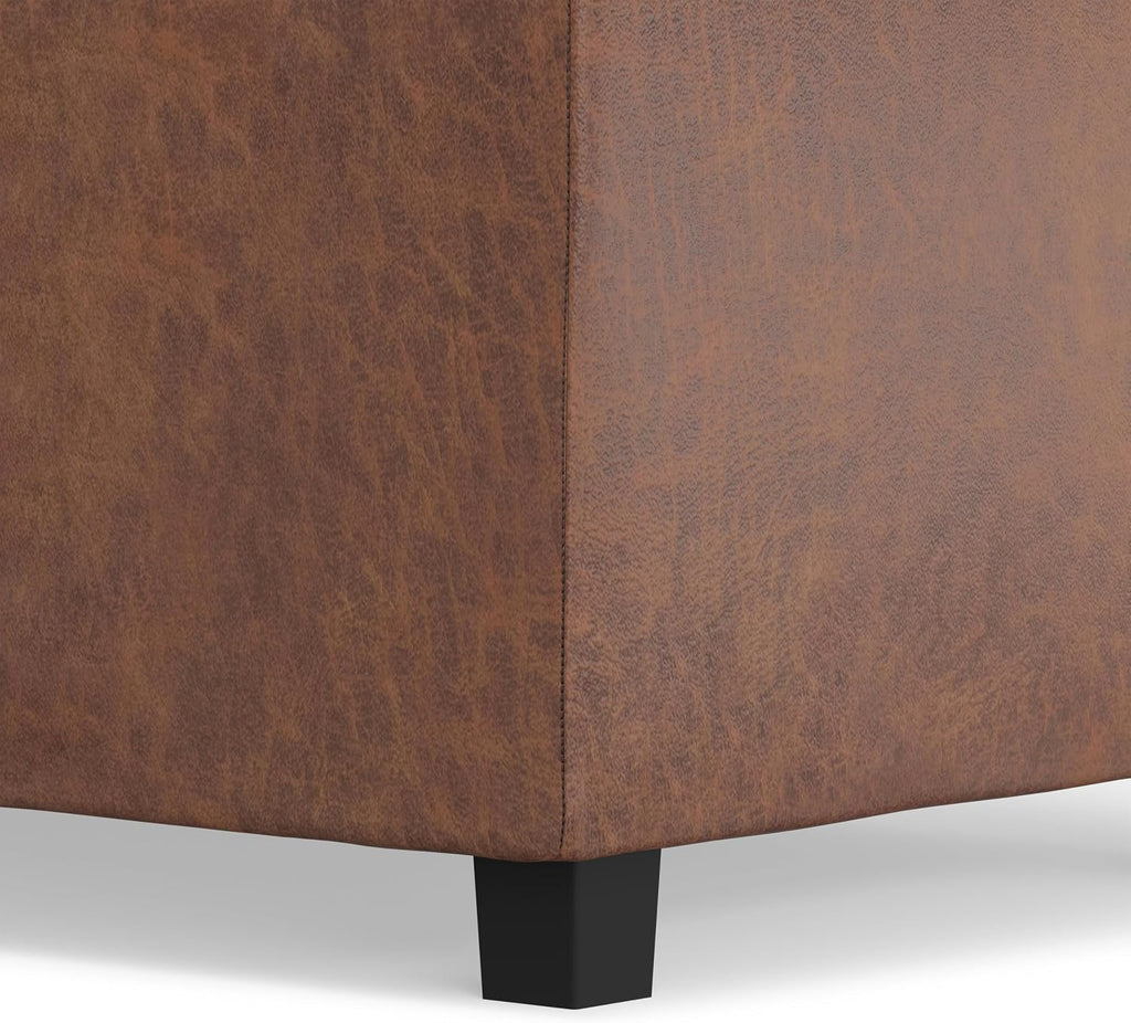 SIMPLIHOME Avalon Storage Ottoman - 42 inch Wide Upholstered Vegan Leather Rectangular Flip-Top Ottoman in Distressed Saddle Brown, Contemporary Coffee Table Ottoman for Living Room with Storage