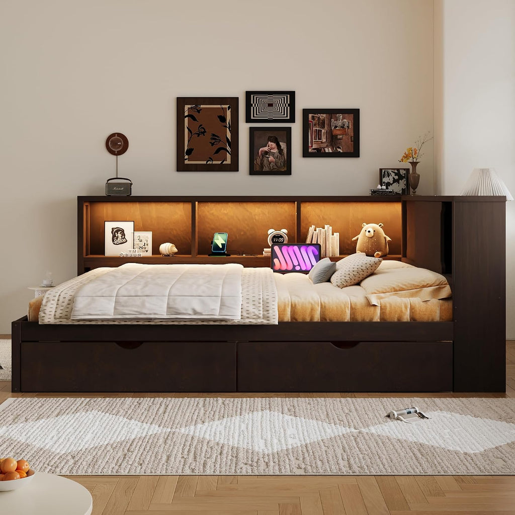 MERITLINE Queen Size Corner Bed with 2 Storage Drawers and Shelves, Wooden Daybed Frame with LED Lights and USB Ports, Modern Teenagers Bedframe, Brown