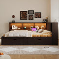 MERITLINE Queen Size Corner Bed with 2 Storage Drawers and Shelves, Wooden Daybed Frame with LED Lights and USB Ports, Modern Teenagers Bedframe, Brown