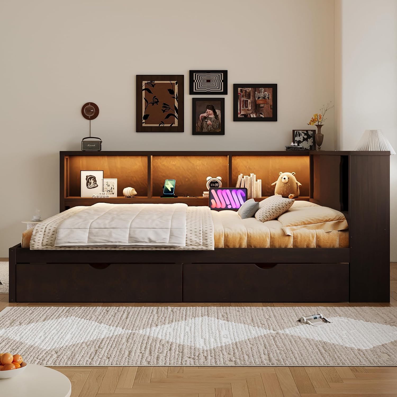 MERITLINE Queen Size Corner Bed with 2 Storage Drawers and Shelves, Wooden Daybed Frame with LED Lights and USB Ports, Modern Teenagers Bedframe, Brown
