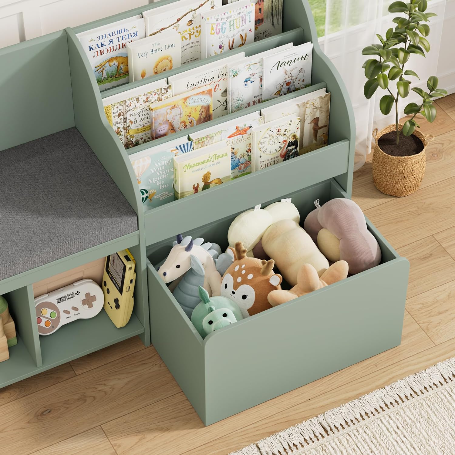 HOSTACK 67' W Kids Reading Nook with Toy Storage Organizer, Large Kids Bookshelf with Toy Storage Box on Wheels, Big Kid Bookcase with Bench and 6 Open Cubbies for Playroom, Kid Room, Green