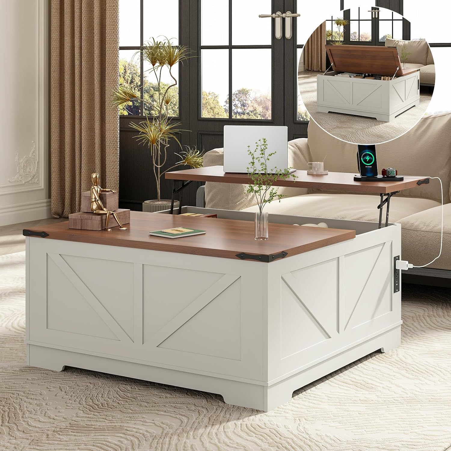 EAG 40' Large Farmhouse Lift Top Coffee Table with Hidden Compartment & Power Outlets, Square Wooden Coffee Table with Multi-Function Flip-Top Ample Storage Center Table for Living Room, White