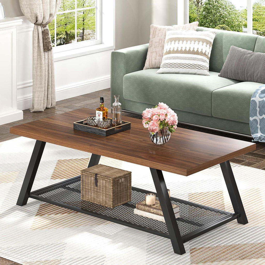 FOLUBAN Modern Coffee Tables for Lliving Room, Retro Wood and Metal Coffee Table with Storage, 2-Tier Industrial Rectangle Cocktail Tea Table, Walnut, 47 Inch