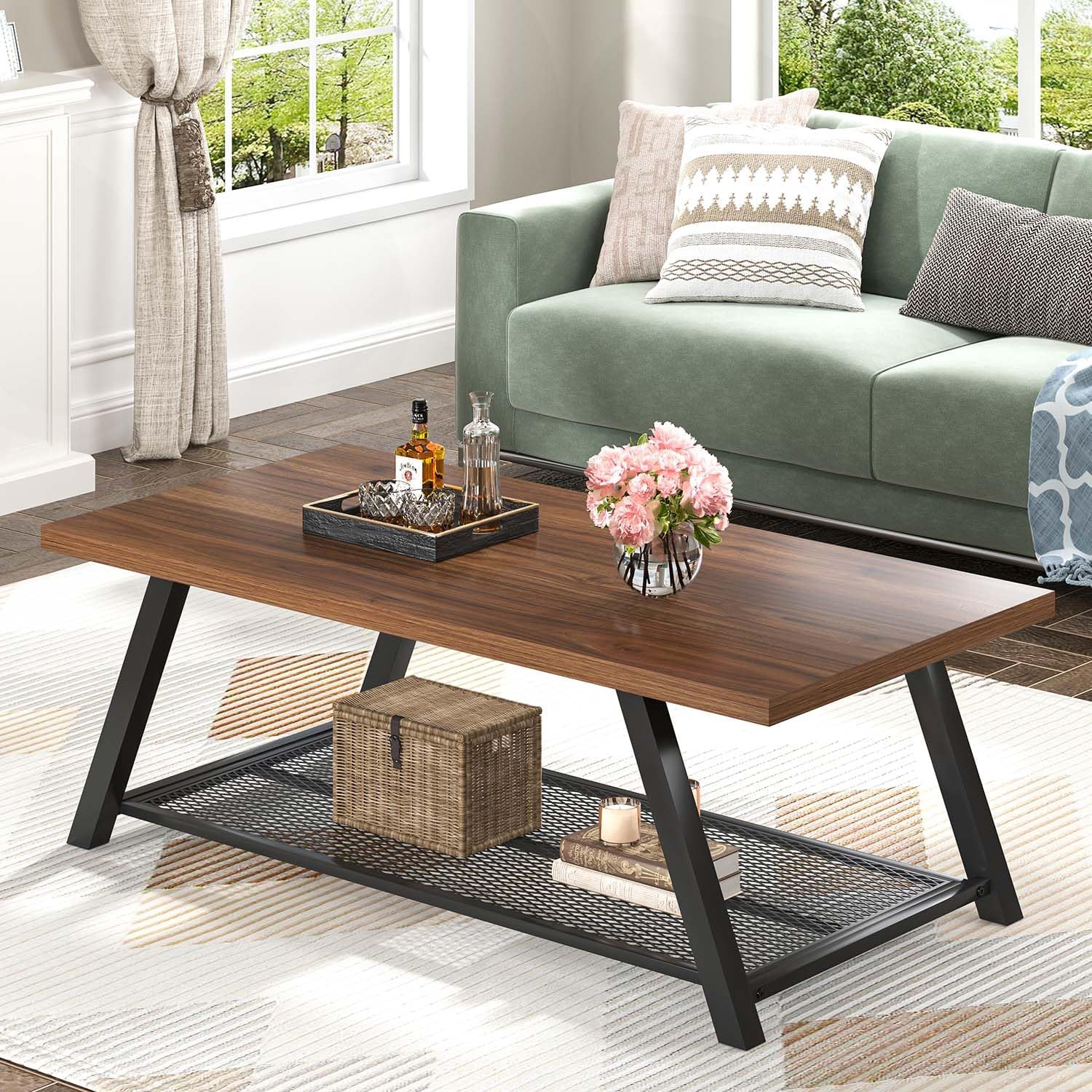 FOLUBAN Modern Coffee Tables for Lliving Room, Retro Wood and Metal Coffee Table with Storage, 2-Tier Industrial Rectangle Cocktail Tea Table, Walnut, 47 Inch