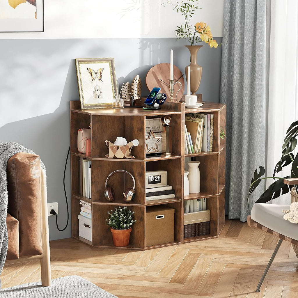 ALISENED 9 Cubes Brown Corner Cabinet, Corners Cube Shelf with USB Ports and Outlets, Toy Corners Storage for Small Space, Wooden Cubby Corner Bookshelf for Living Room, Bedroom, Dining Room, Kitchen