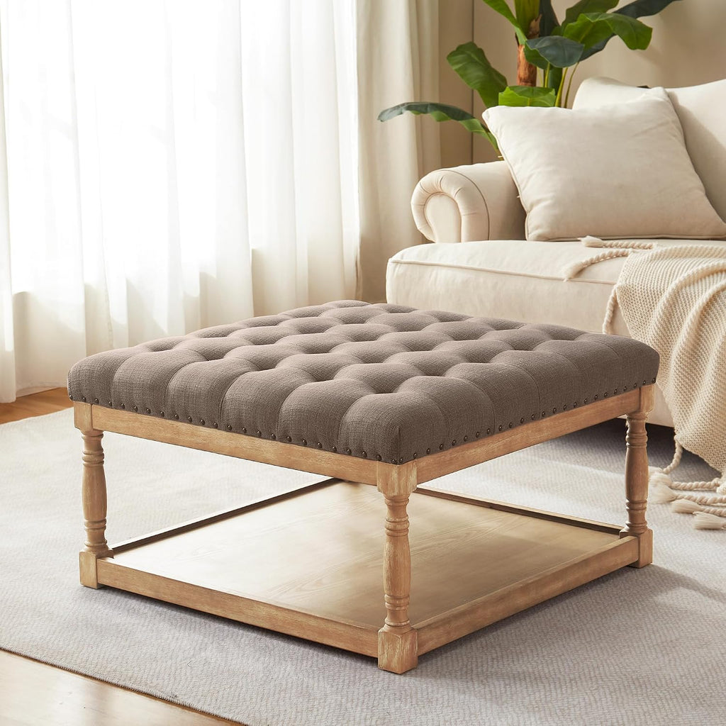HUIMO 33-inch Large Square Ottoman Coffee Tables for Living Room, Tufted Upholstered Linen Ottoman with Storage Shelf and Solid Legs for Office Bedroom Farmhouse (Brown)