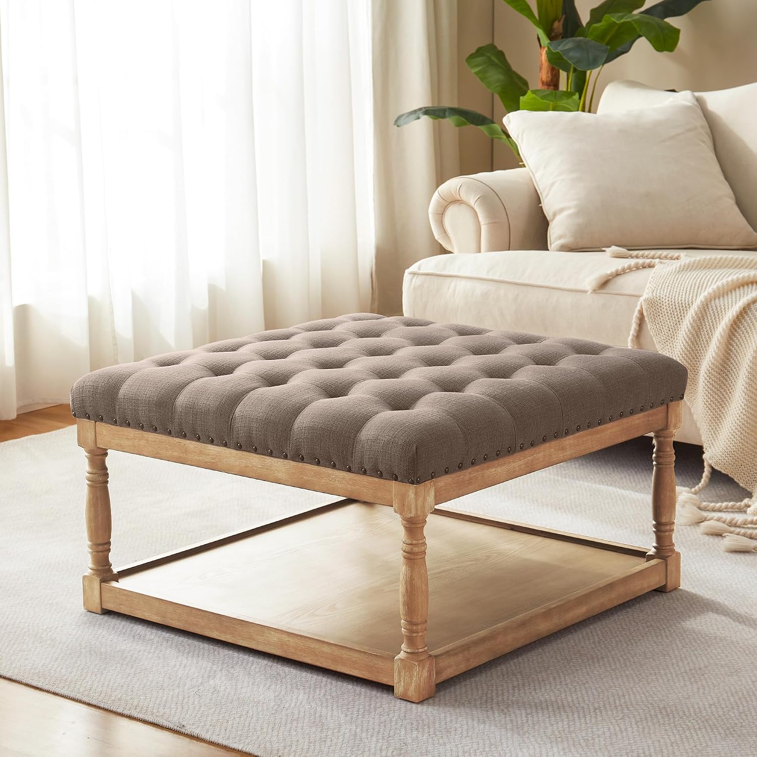 HUIMO 33-inch Large Square Ottoman Coffee Tables for Living Room, Tufted Upholstered Linen Ottoman with Storage Shelf and Solid Legs for Office Bedroom Farmhouse (Brown)