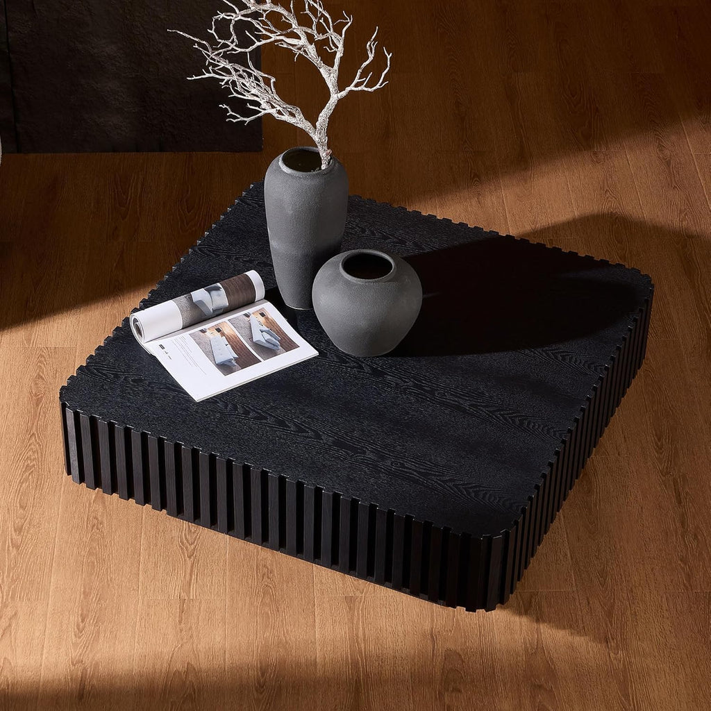 35.43'' Square Coffee Table for Living Room Fluted Coffee Table Modern Center Table with Pedestal for Apartment Black