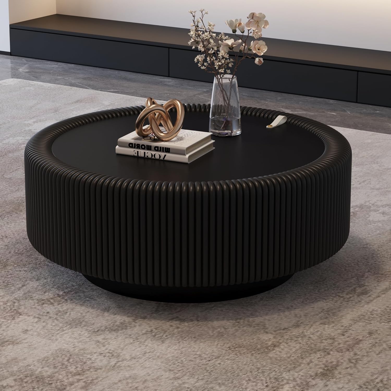 Black Round Fluted Coffee Table with Hidden Storage, 31.5' Drum Coffee Table with Tempered Glass Top, PU Leather Body, Baked Enamel Metal Base, Modern Minimalist Circle Tea Table