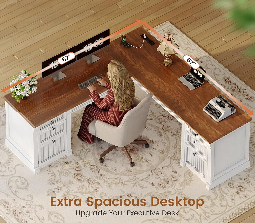 SEDETA L Shaped Desk with 4 Drawers, 67'x 67' Executive Home Office Desk with File Drawers & Storage Cabinet, Corner Computer Desk with Power Strip for Bedroom, Brown+White
