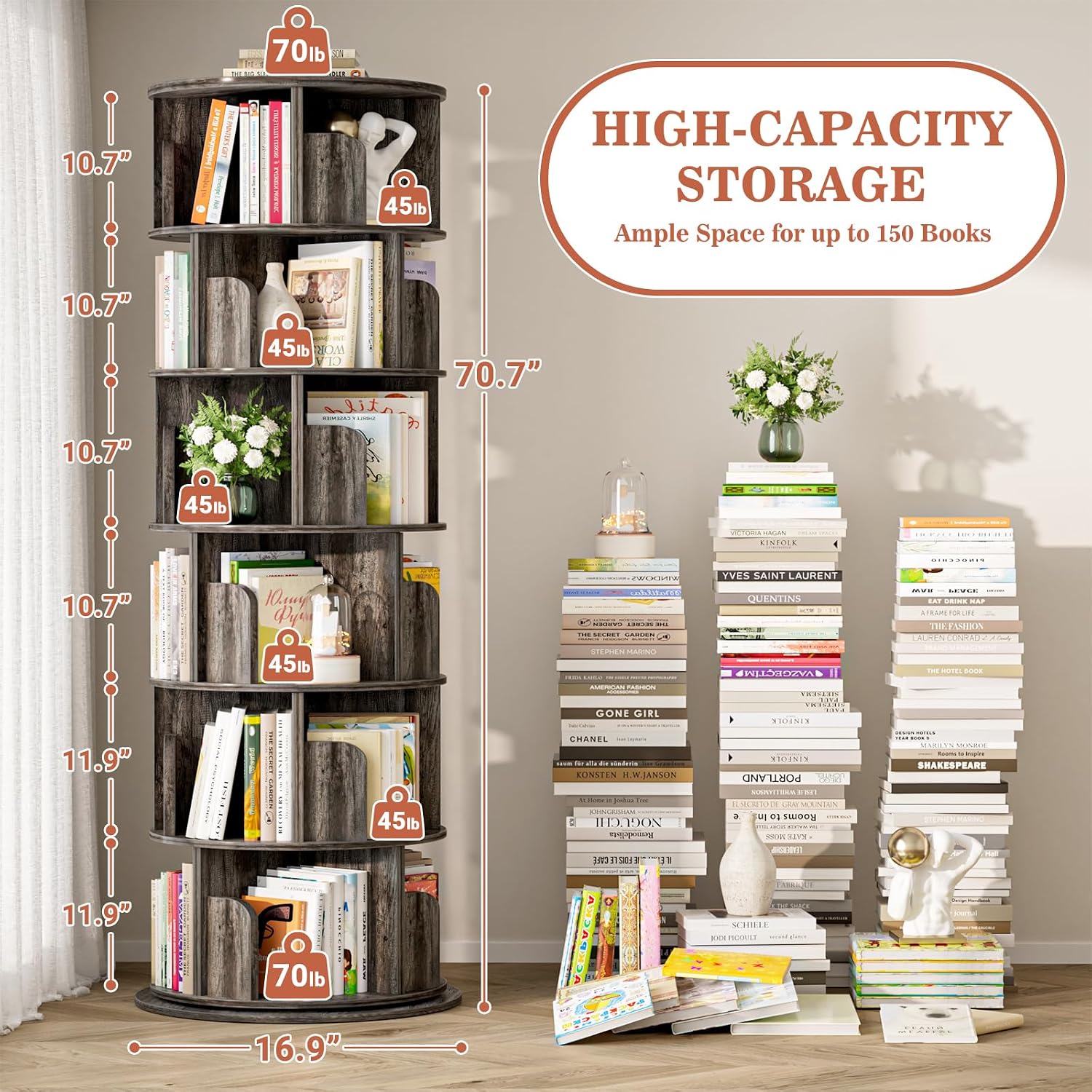 Aheaplus 6 Tier Rotating Bookshelf, Wood Spinning Bookshelf Tower, Round Revolving 360 Bookcase, Narrow Turning Book Shelf Rolling Corner Organizer for Small Space, Bedroom, Office, Black Oak