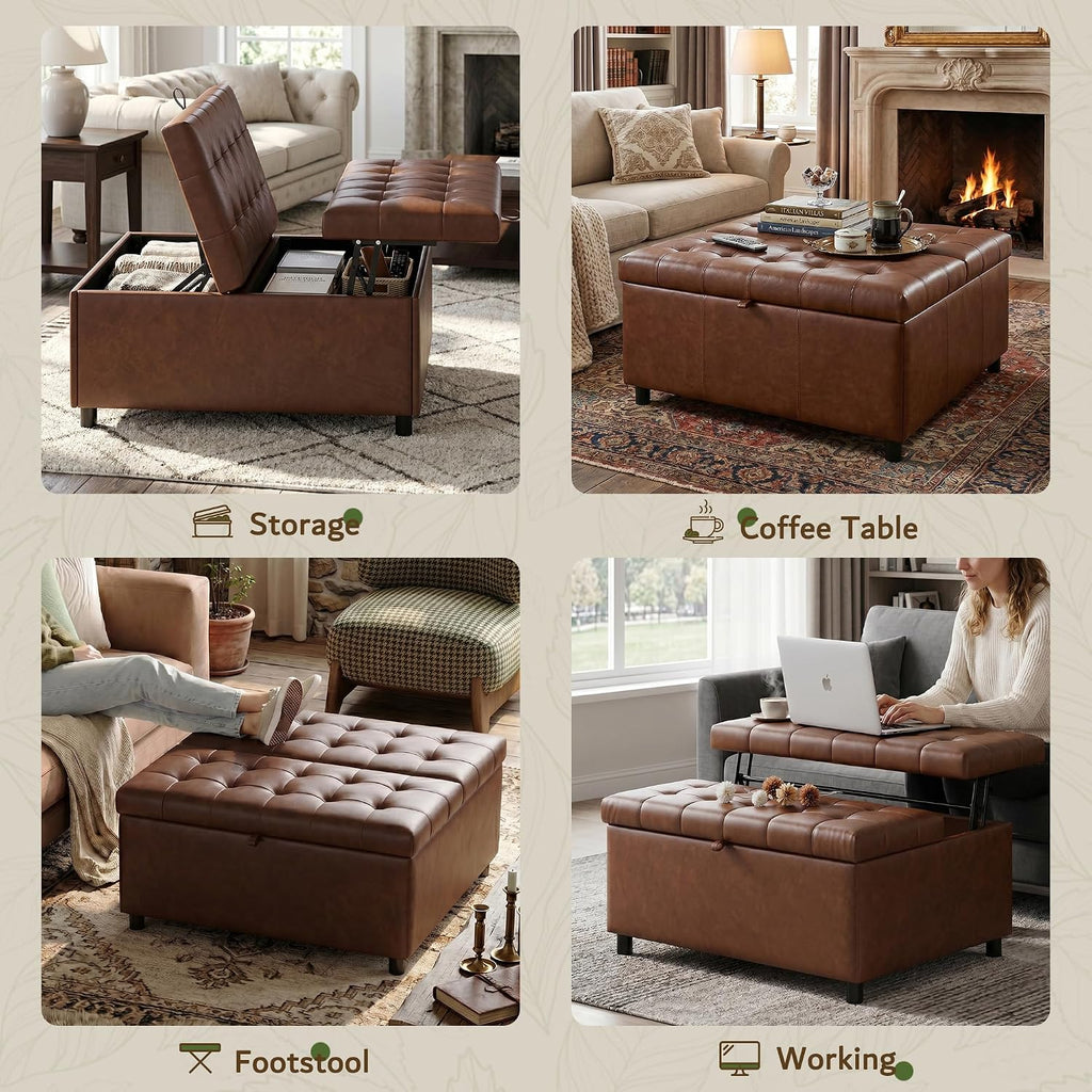 LINLUX 35.5 Inch Large Leather Storage Ottoman, Square Ottoman Coffee Table, Lift Top Tufted Ottomans Toy Box Footrest for Living Room, Brown